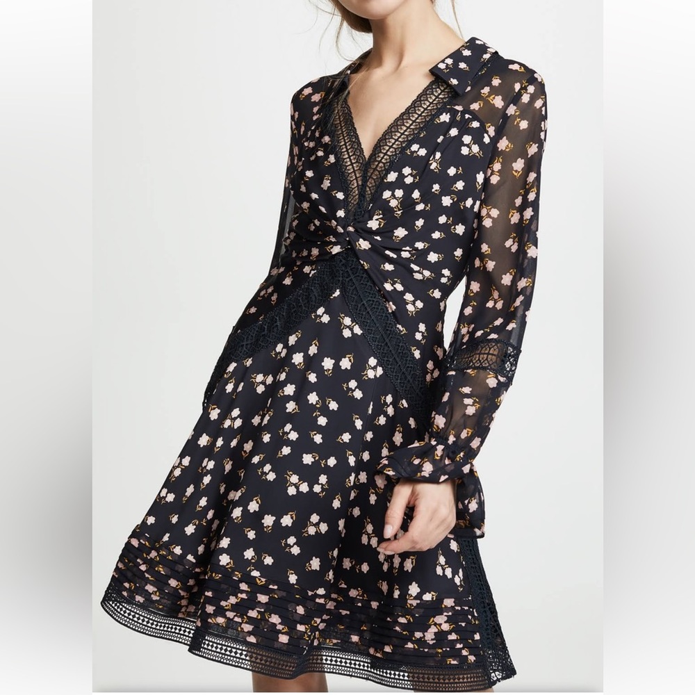 Self-Portrait Guipure lace-trimmed floral-print chiffon dress mini sz 0